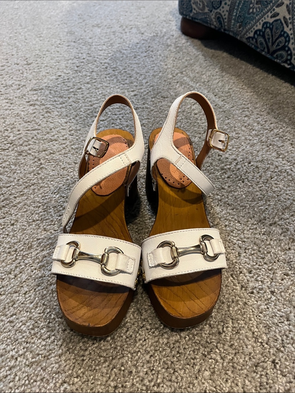 Charles David White Leather Platform Horsebit Sandals